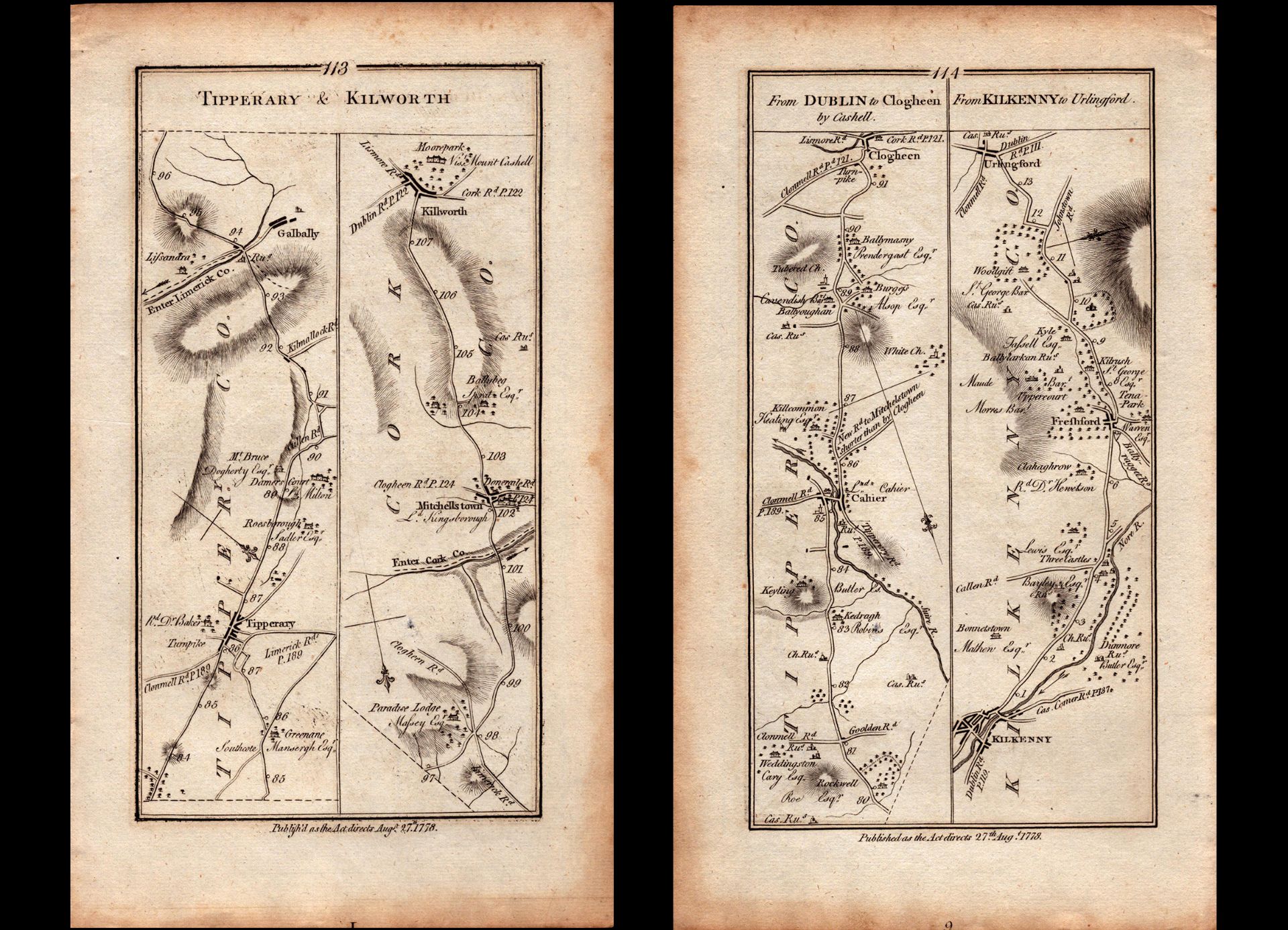 Ireland Rare Antique 1777 Map Tipperary Mitchelstown Cahir Kilkenny Urlingford.