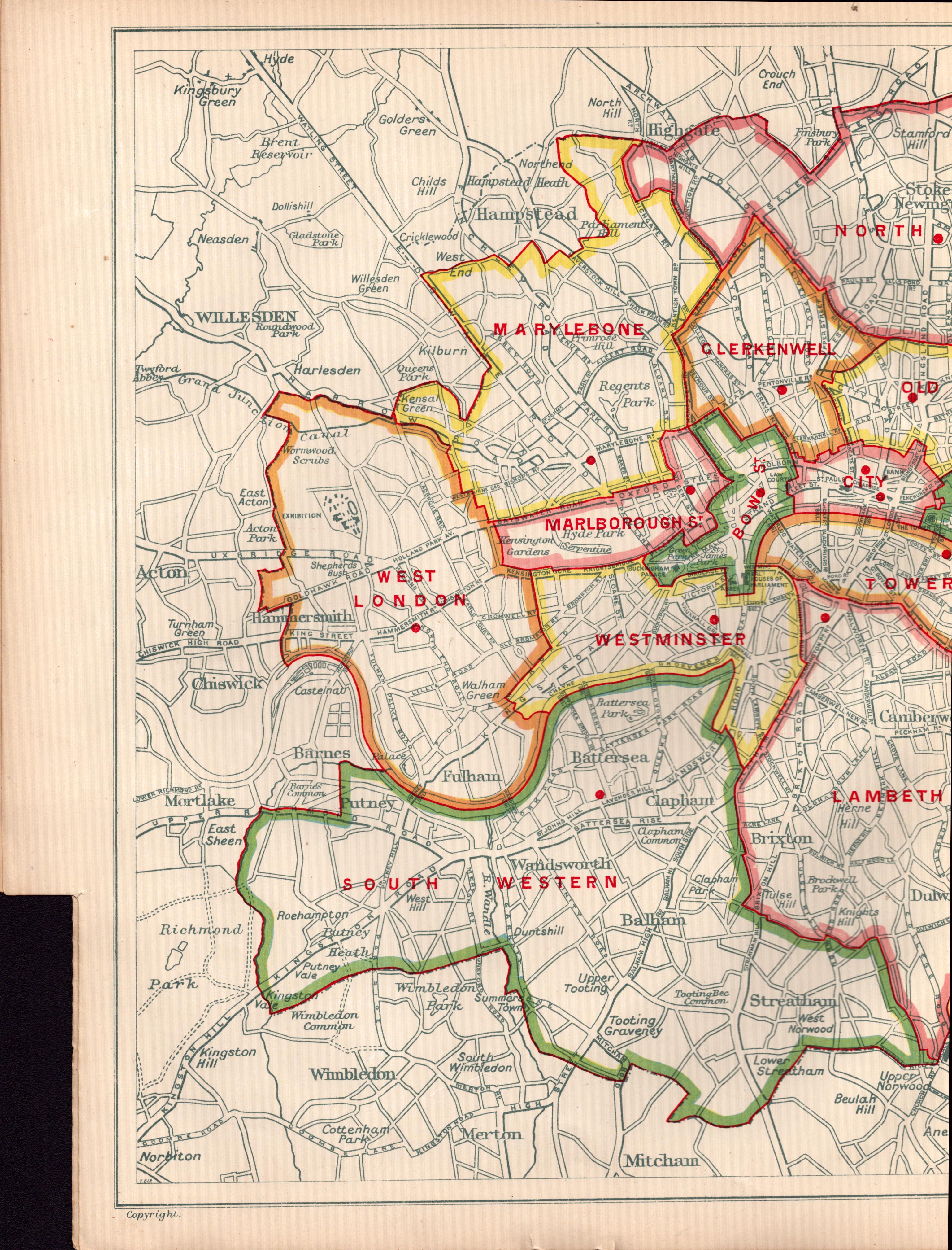 Bacons Vintage London Metropolitan Police Courts Coloured Map. - Bild 2 aus 4