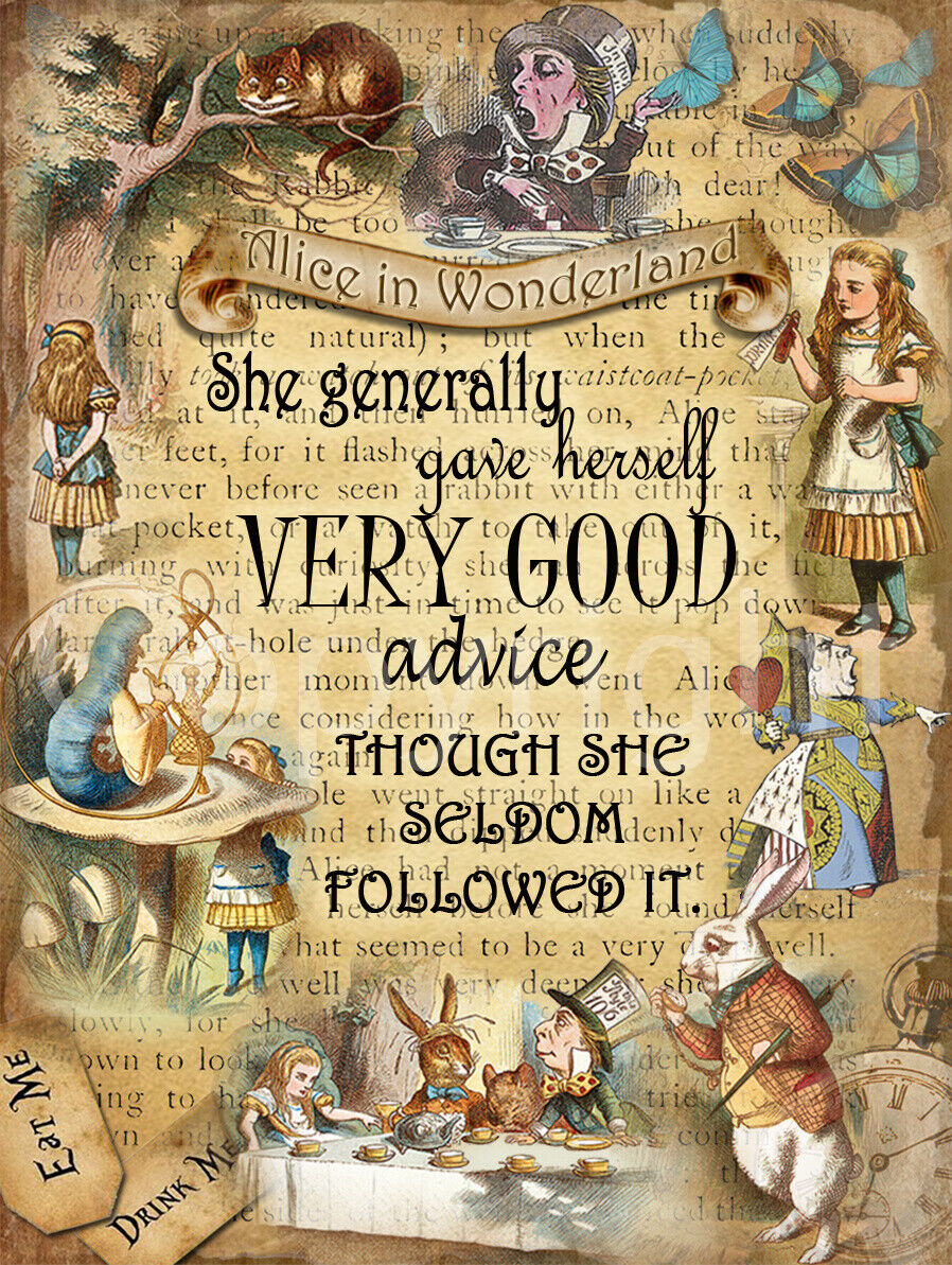 Alice In Wonderland Characters Montage Designed Advice Quote Metal Wall Art