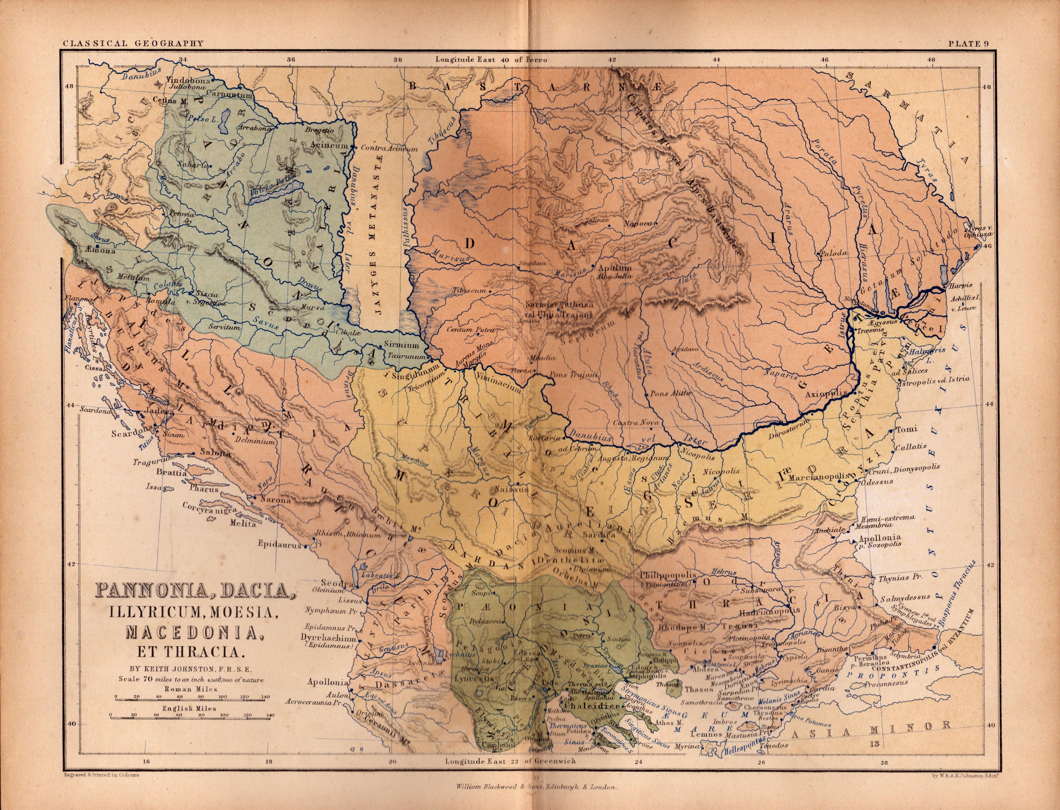 Antique 1867 Coloured Classical Geography Map Pannonia Dacia.