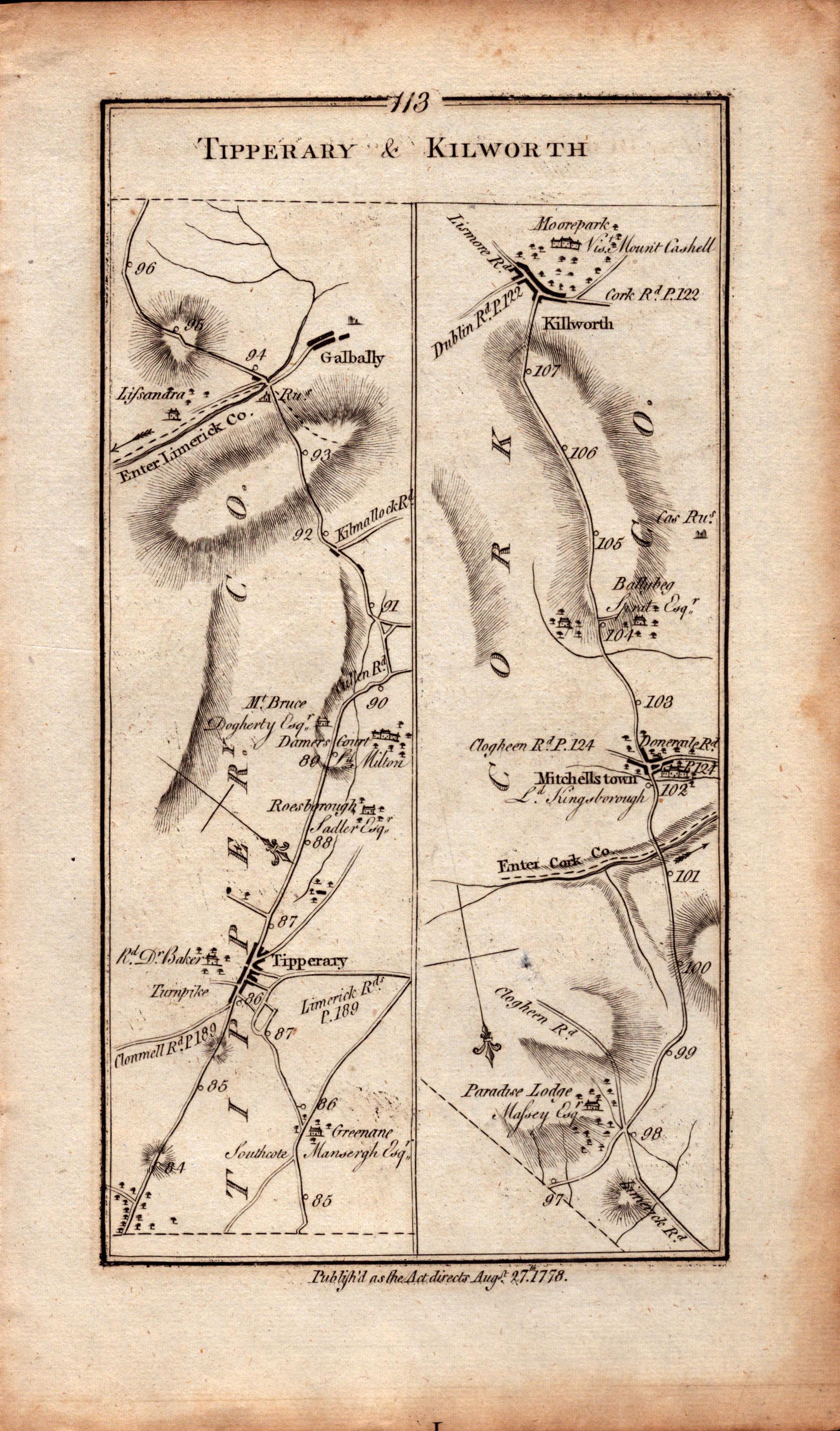 Ireland Rare Antique 1777 Map Tipperary Mitchelstown Cahir Kilkenny Urlingford. - Bild 2 aus 4