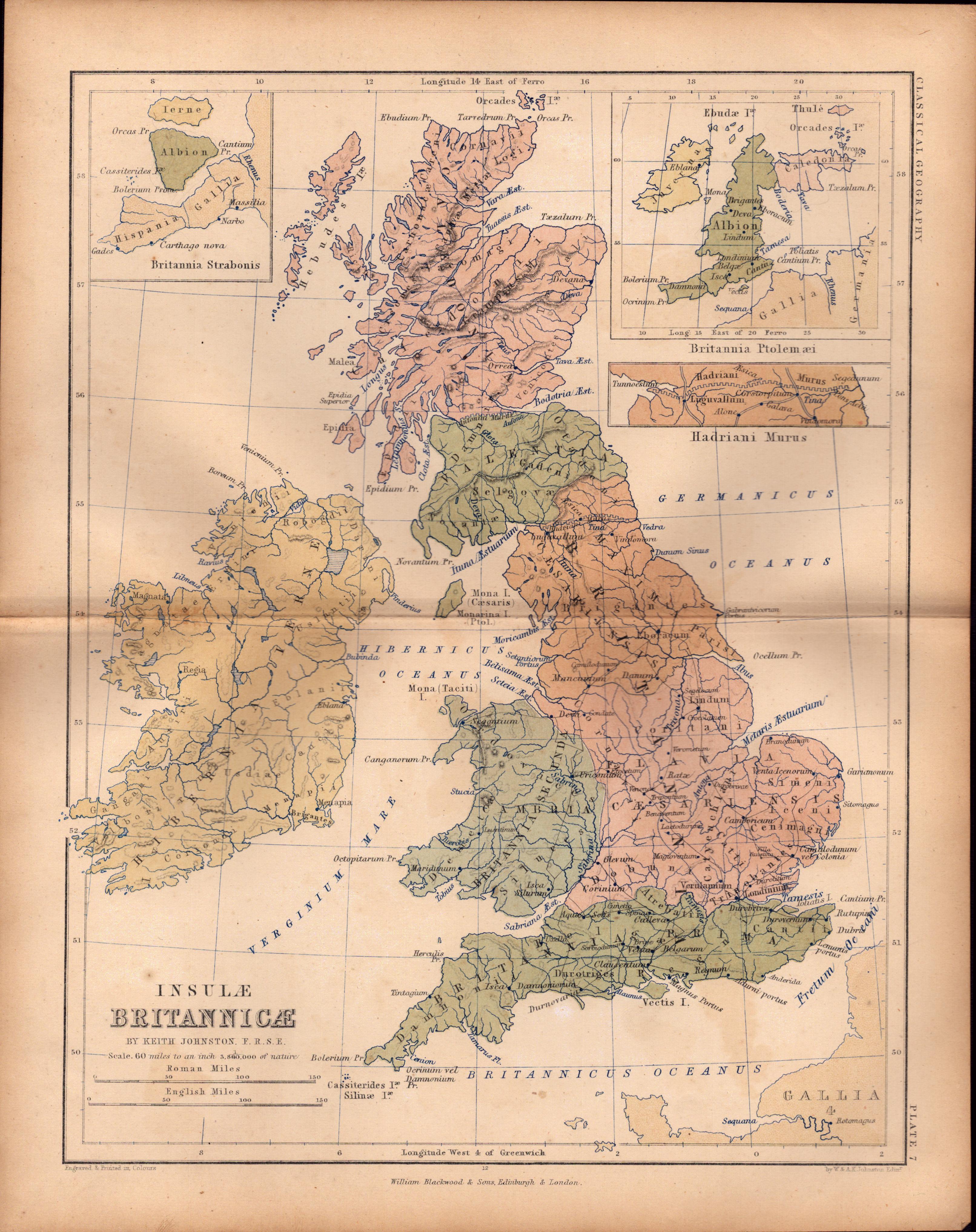 Antique 1867 Coloured Classical Geography Detailed Map Britannia.