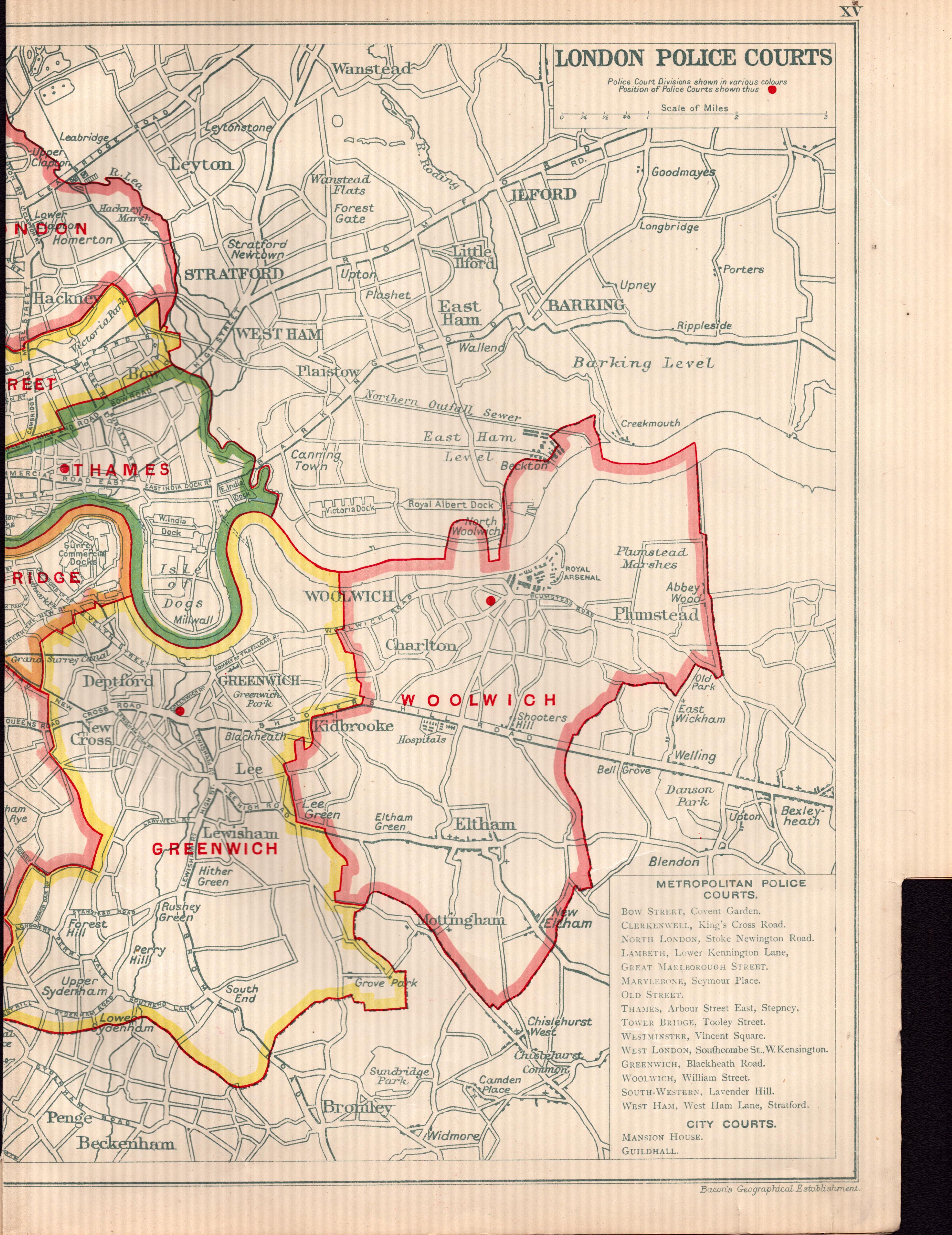 Bacons Vintage London Metropolitan Police Courts Coloured Map. - Bild 3 aus 4