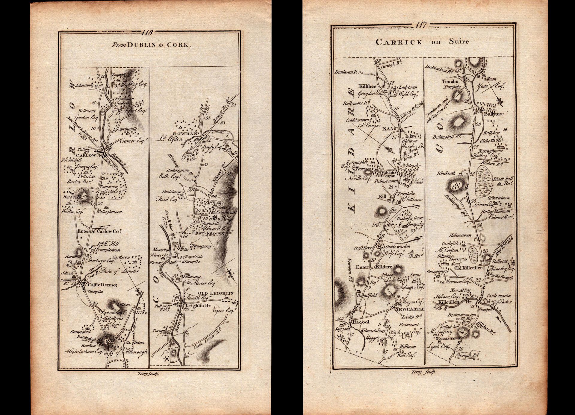 Ireland Rare Antique 1777 Road Map Kildare Naas Carlow Dublin Cork.