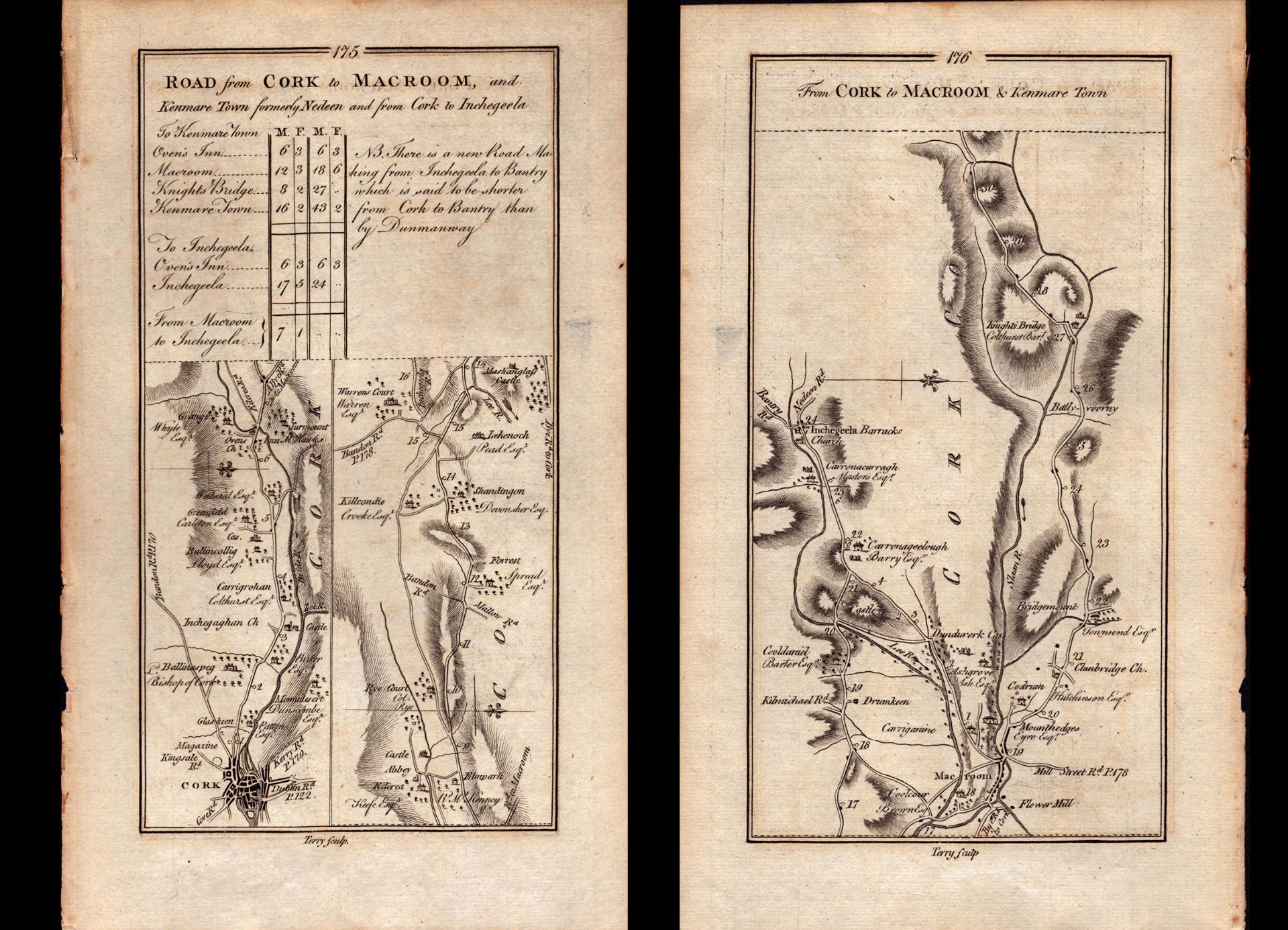 Ireland Rare Antique 1777 Road Map Cork Macroom Kenmare Town.