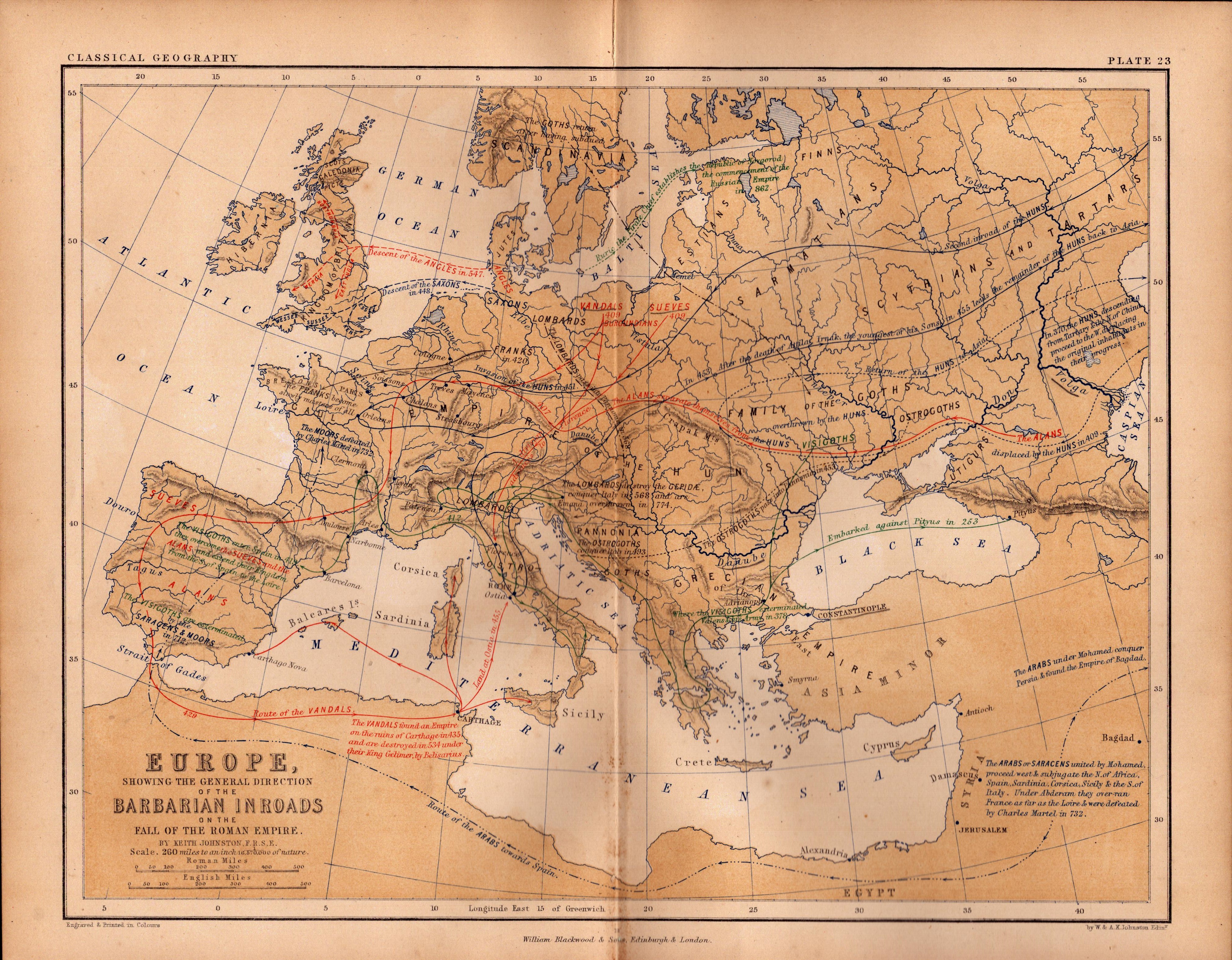 Antique 1867 Coloured Map Europe Barbarians Inroads, Fall Rome Empire.