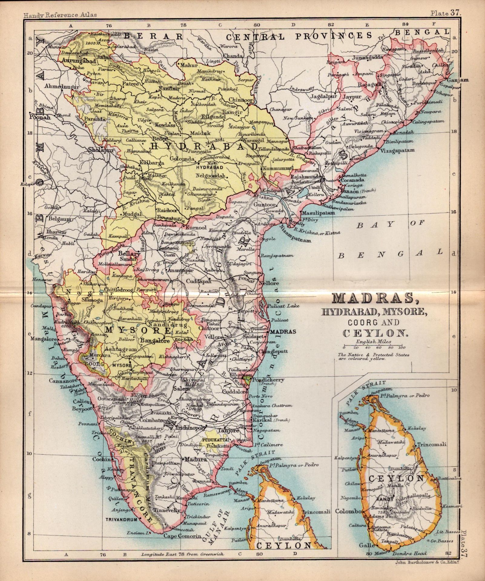 Madras Hyderabad Ceylon Double Sided Victorian Antique 1898 Map.