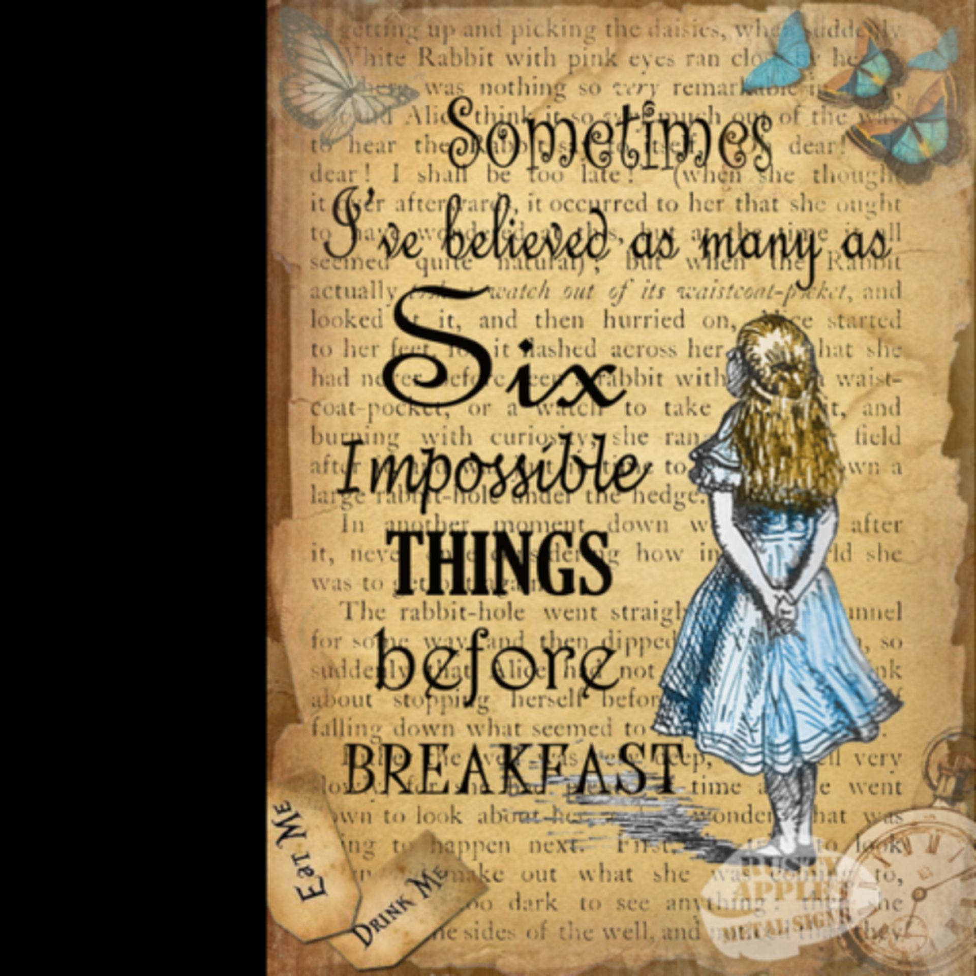Alice In Wonderland ""Six Impossible Things"" Designed Quote Metal Wall Art