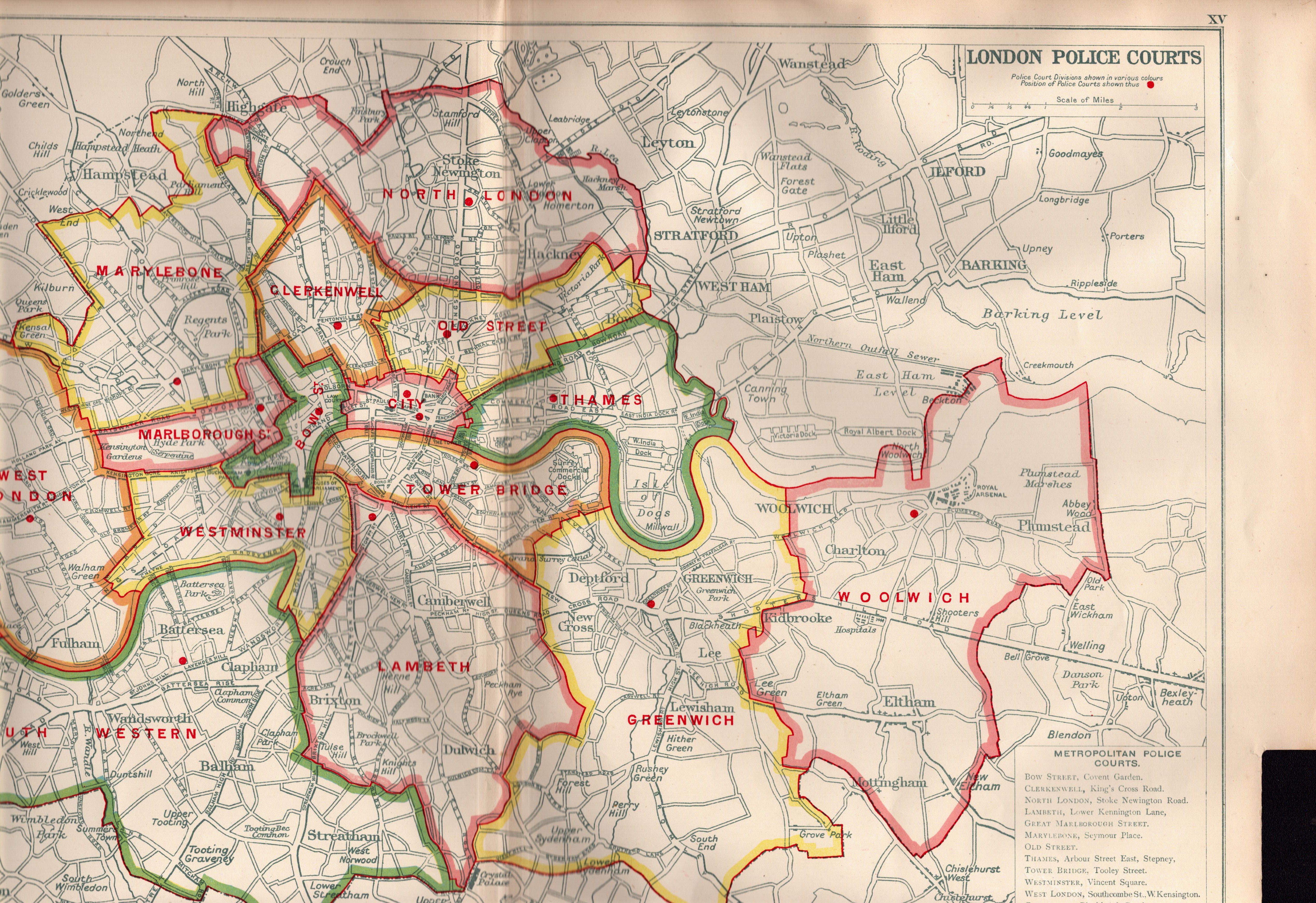 Bacons Vintage London Metropolitan Police Courts Coloured Map.