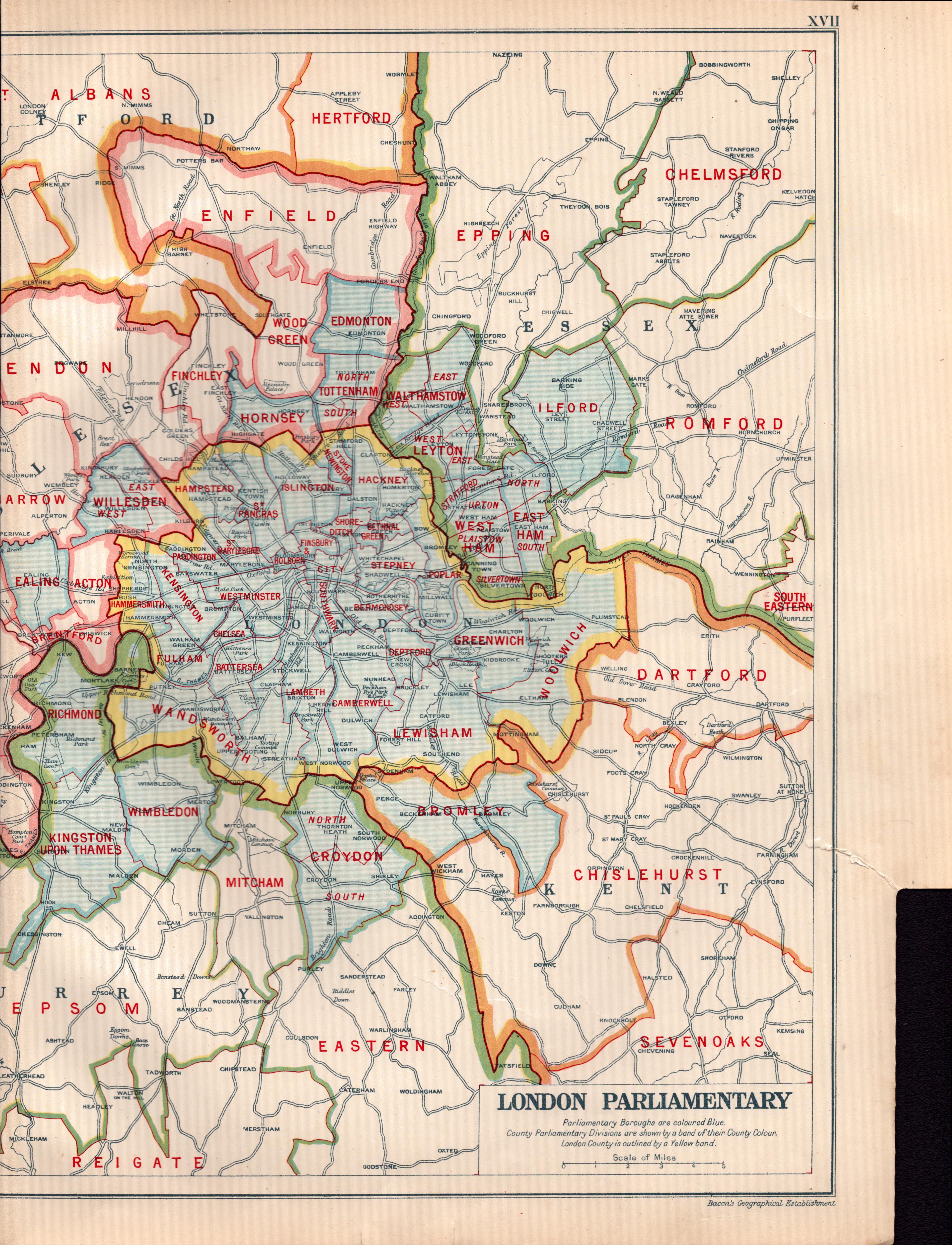 Bacons Vintage London & Environs Parliamentary Boroughs Detailed Map. - Image 3 of 3