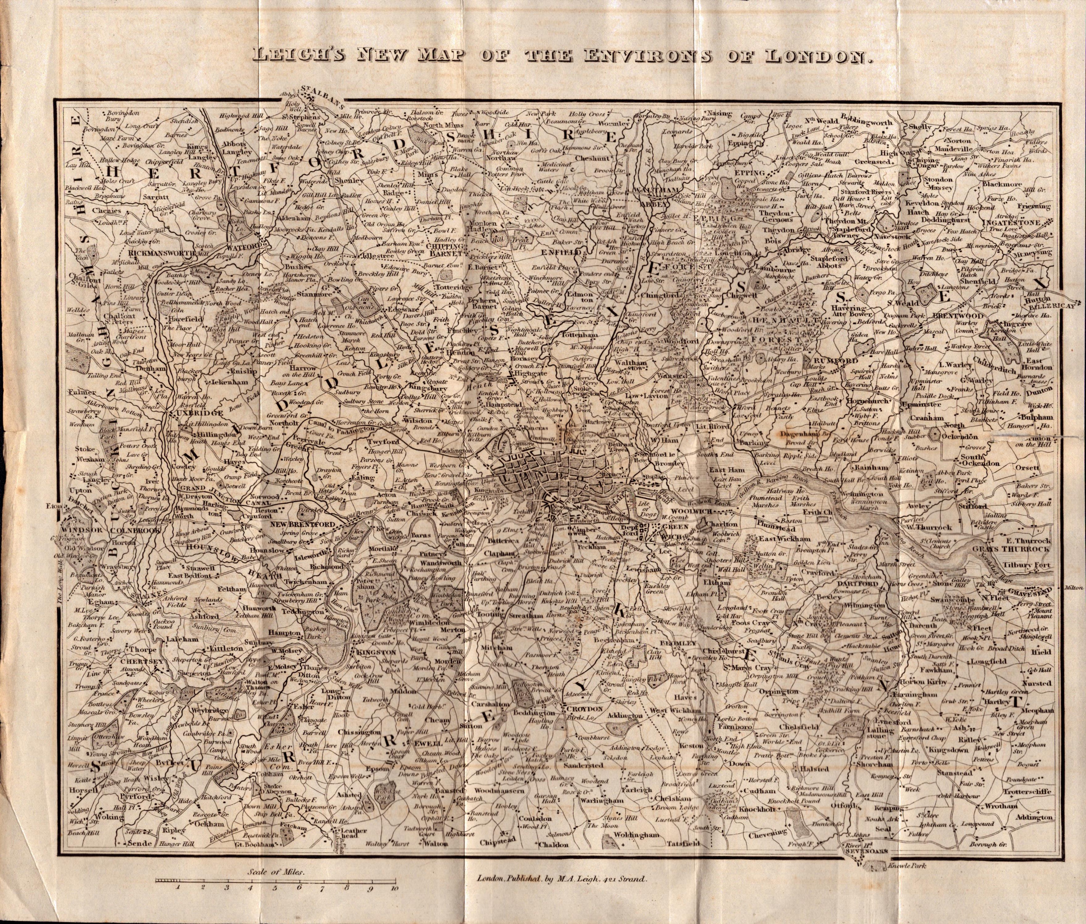 The Environs of London Antique King William IV 190 Years Old Detailed Map.