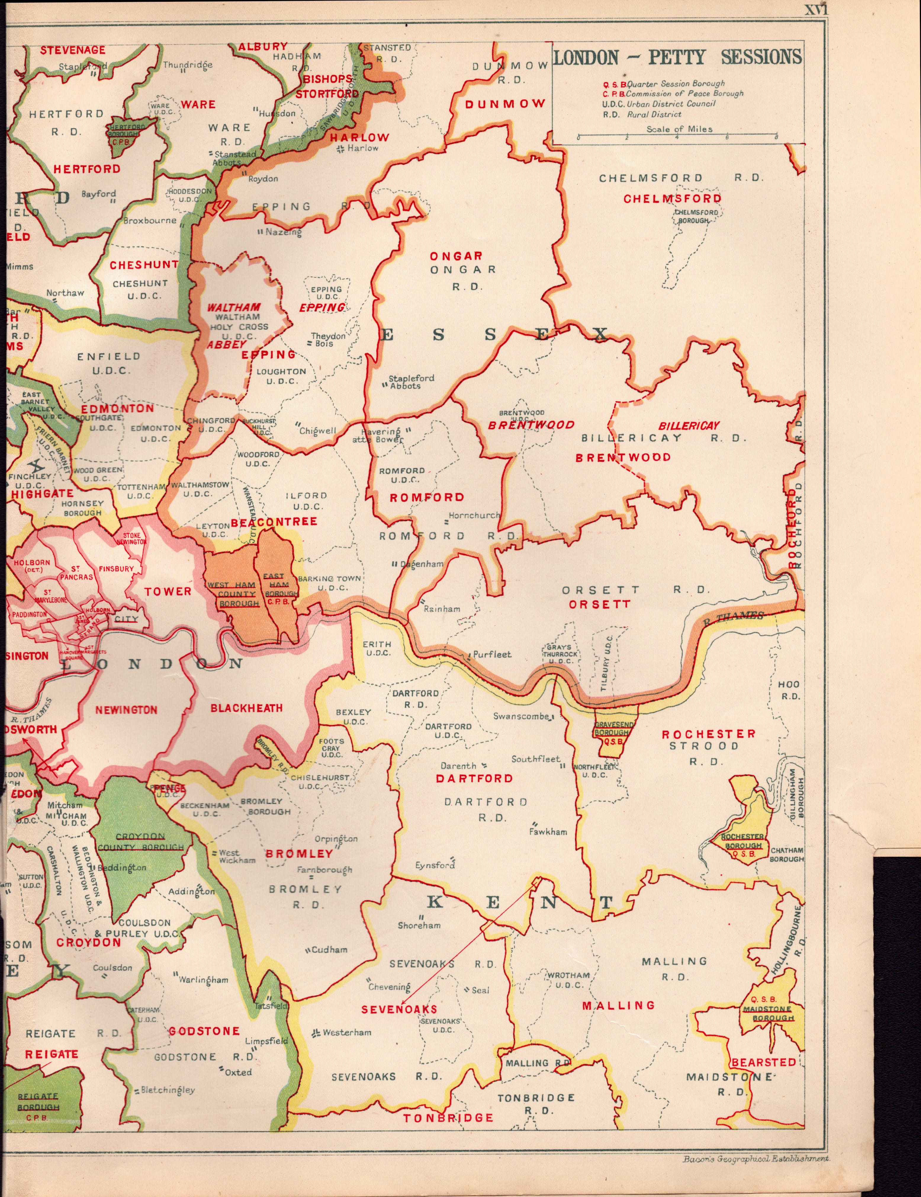 Bacons Vintage London Suburbs Court Petty Sessions Detailed Coloured Map. - Bild 3 aus 4