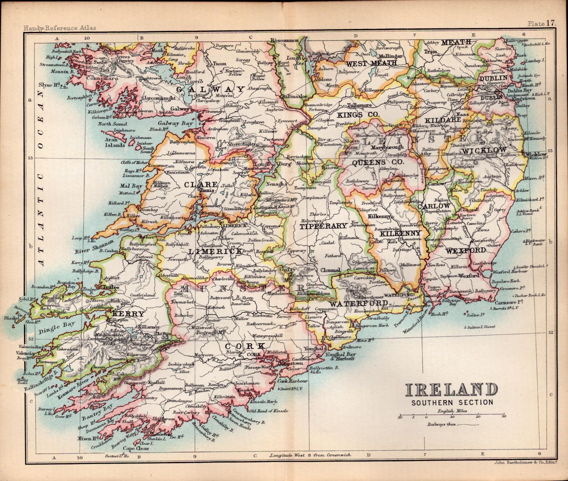 Southern Ireland Area Double Sided Antique 1896 Map.