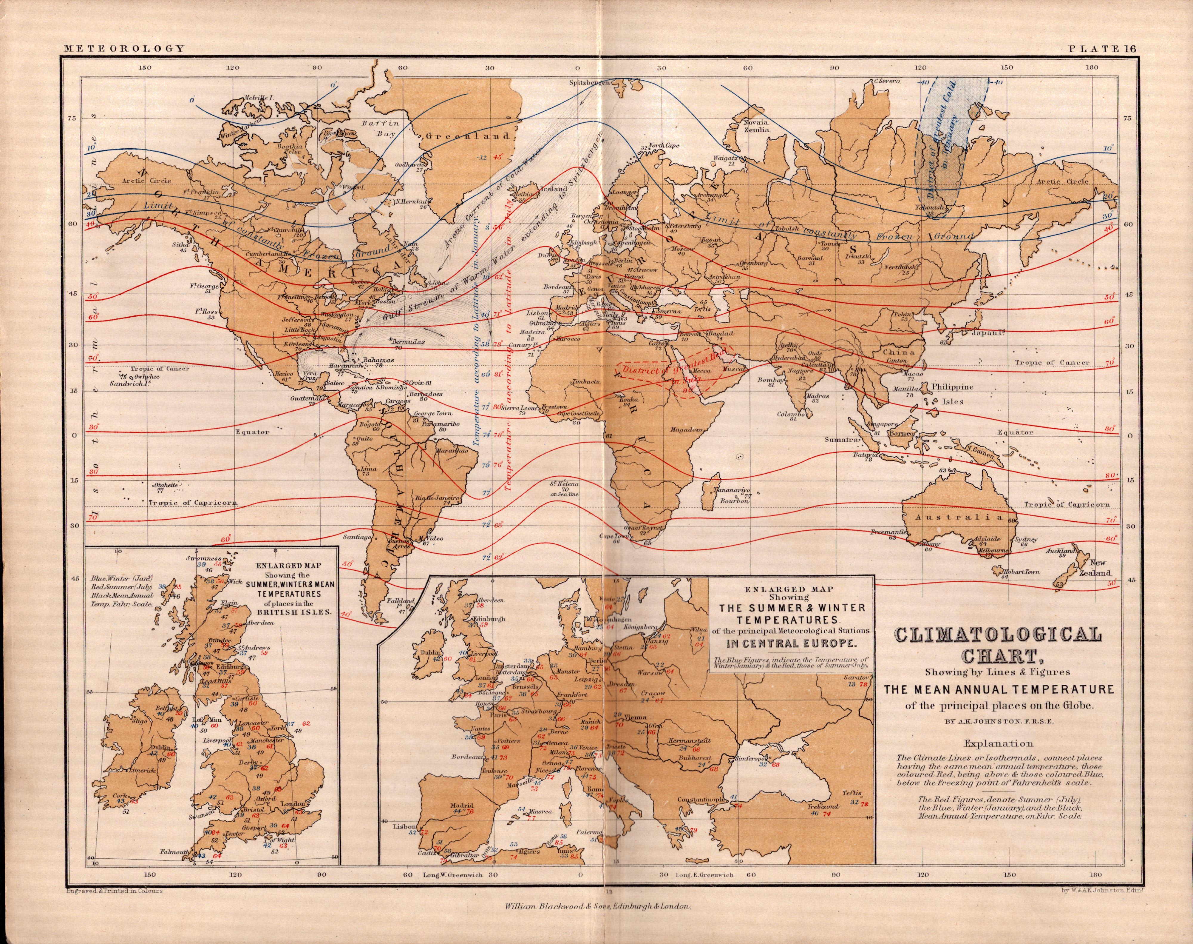 Climatological Chart 1871 WK Johnston Victorian Antique Map.