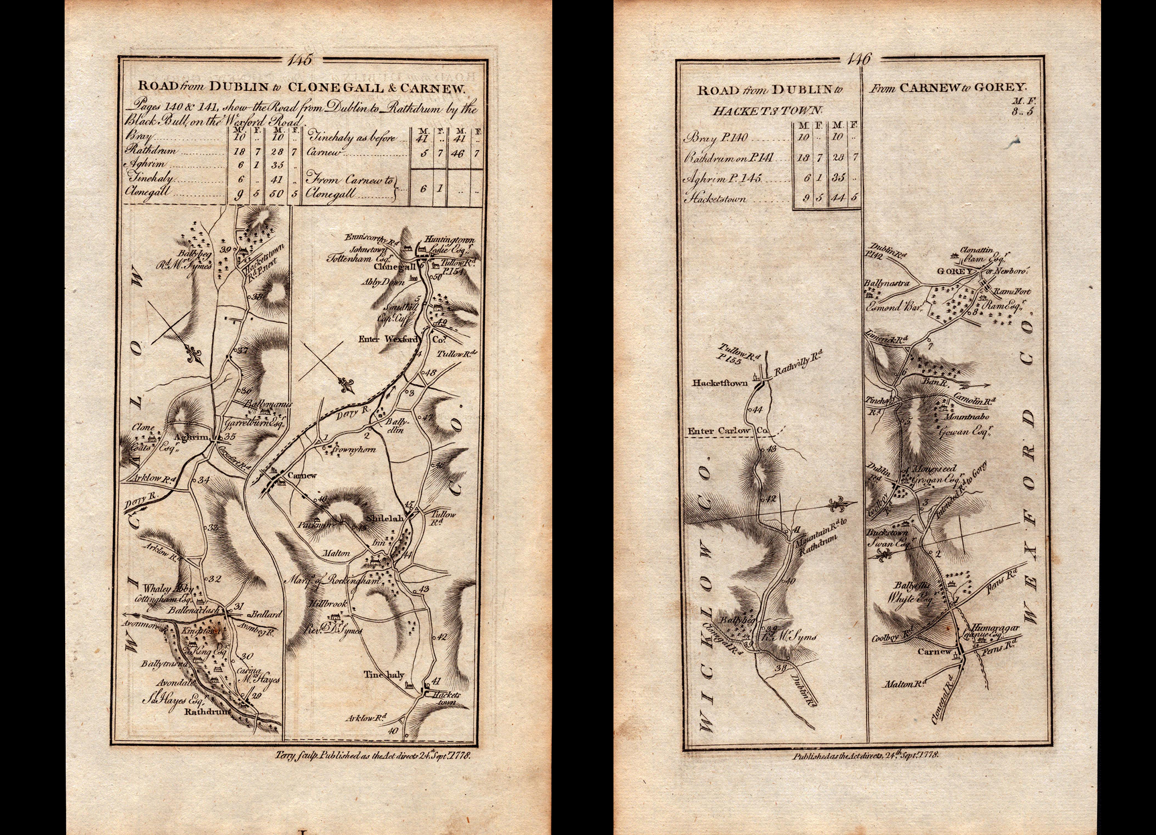 Ireland Rare Antique 1777 Road Map Cloegall, Carnew, Gorey, Wicklow.