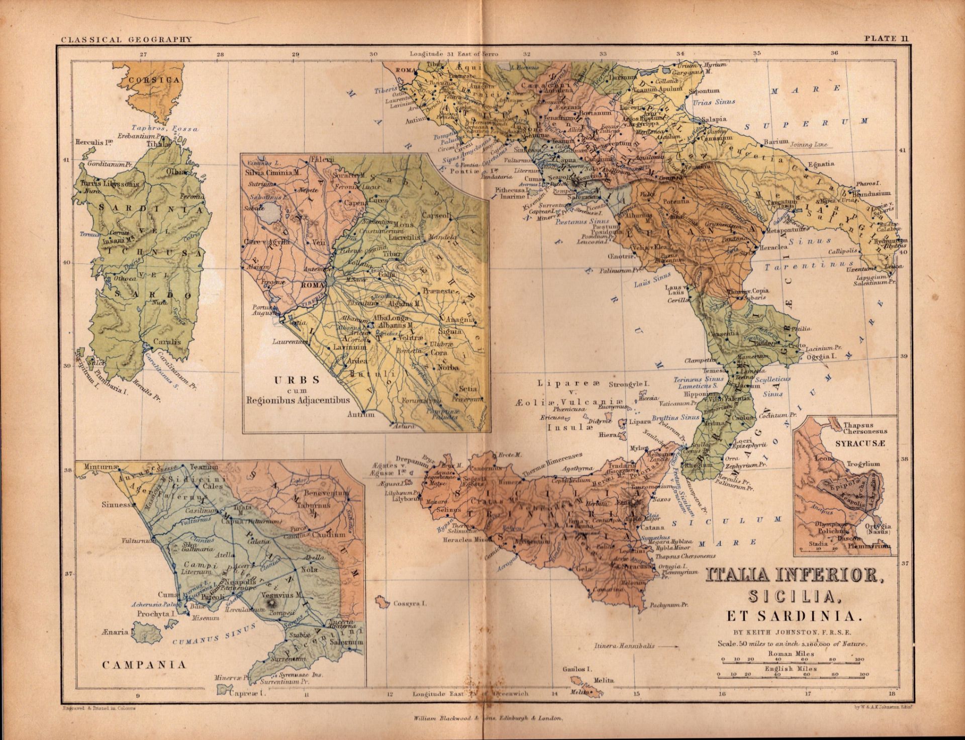 Antique 1867 Coloured Classical Geography Map Italia Sicillia.