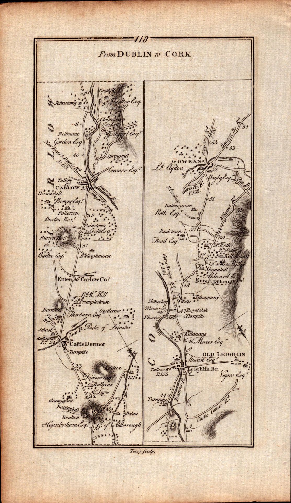 Ireland Rare Antique 1777 Road Map Kildare Naas Carlow Dublin Cork. - Image 2 of 4