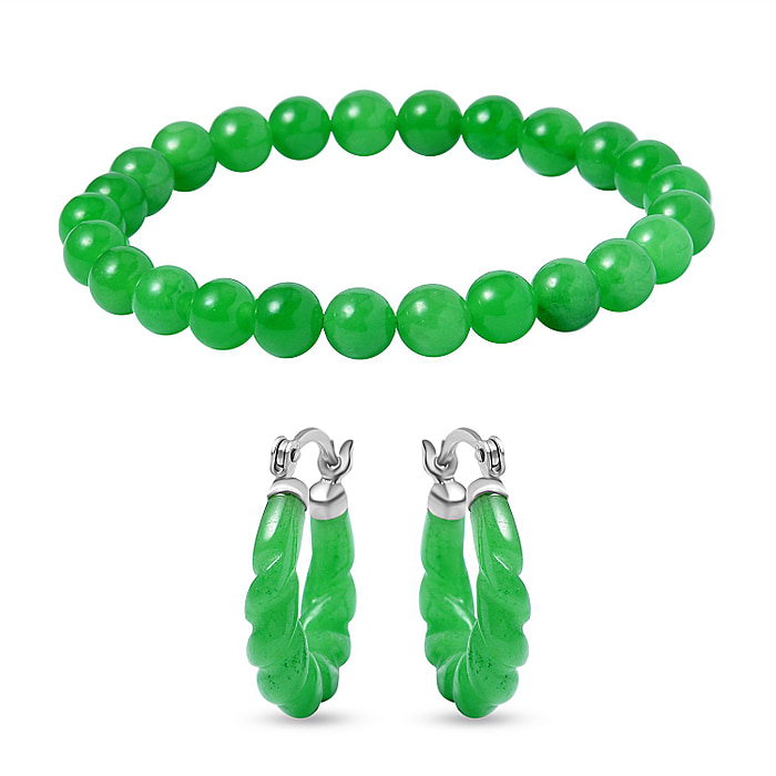 New! AAA Green Jade Beads Bracelet and Hoop Earrings In Rhodium Overlay Sterling Silver - Image 2 of 4