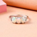 New! 9K White Gold AA Ethiopian Opal and Diamond Trilogy Ring