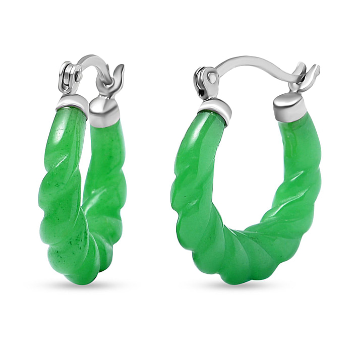 New! AAA Green Jade Beads Bracelet and Hoop Earrings In Rhodium Overlay Sterling Silver - Image 4 of 4