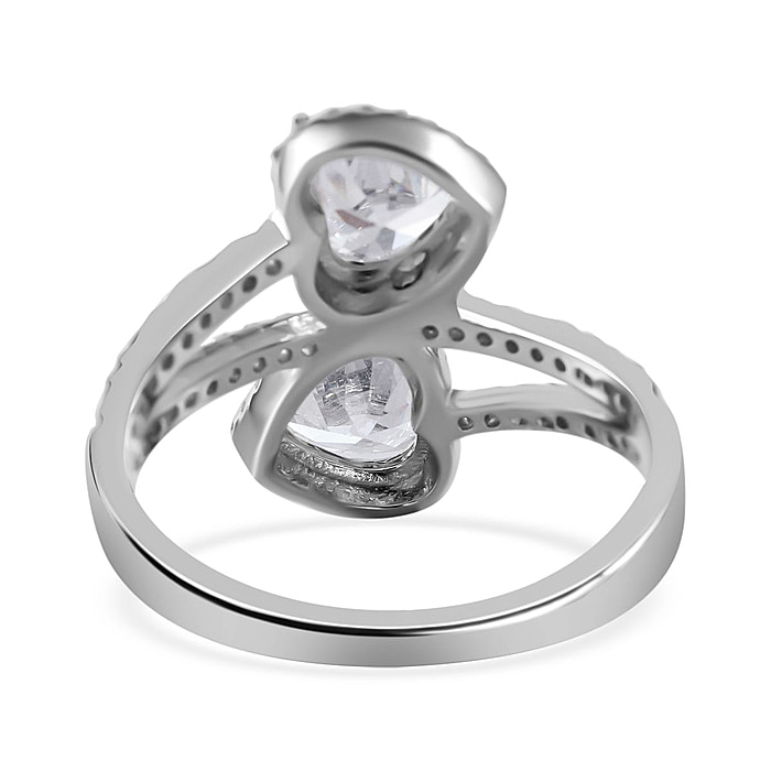 New! Cubic Zirconia 2 Heart Ring in Rhodium Overlay Sterling Silver - Bild 5 aus 5