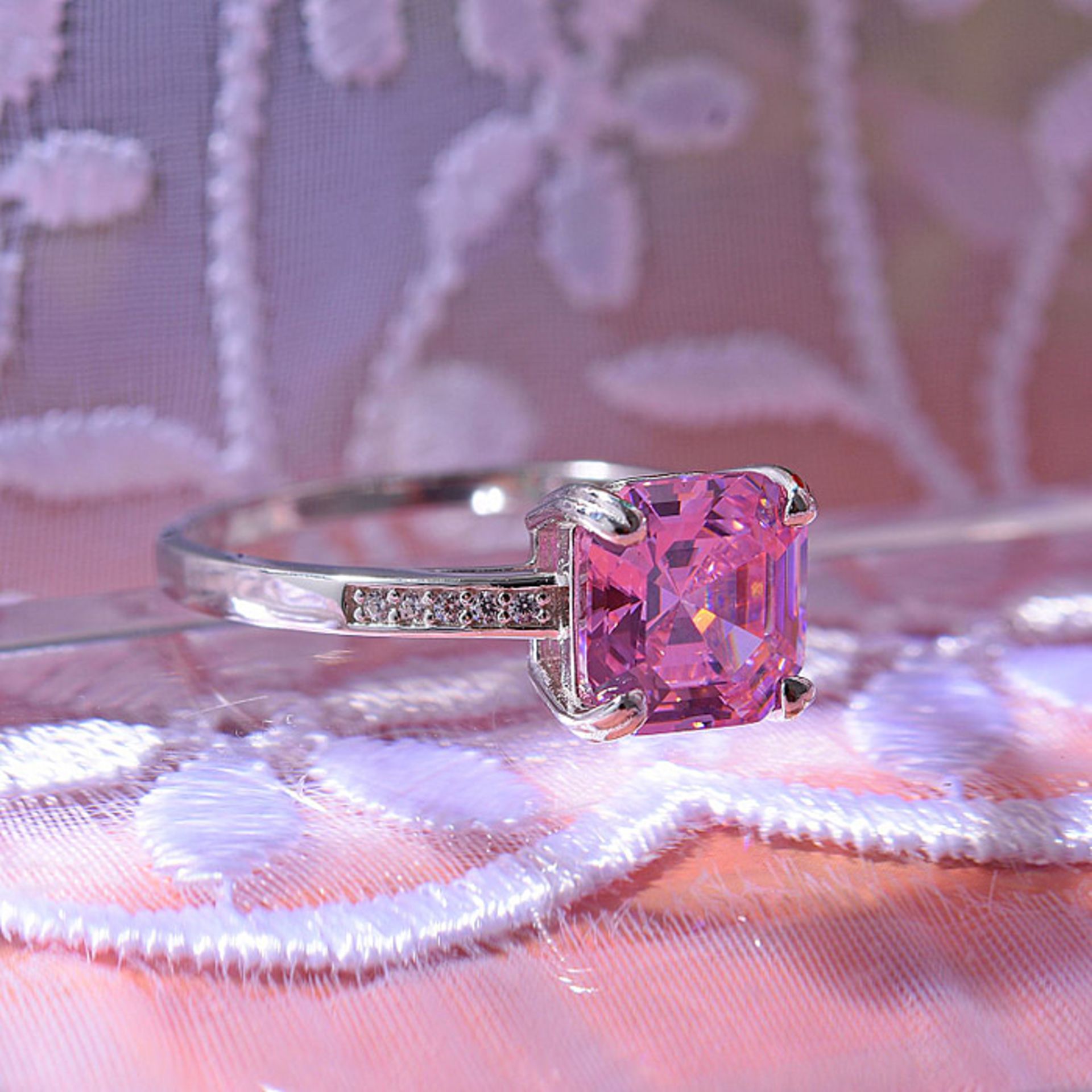 Pink & White Cubic Zirconia Ring In Rhodium Overlay Sterling Silver