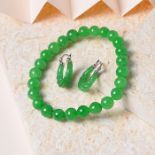 New! AAA Green Jade Beads Bracelet and Hoop Earrings In Rhodium Overlay Sterling Silver