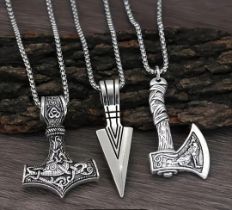 New! Set of 3 Viking Style Pendants With Chain