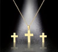 New! Golden Cross Design Stud Earrings & Pendant Necklace