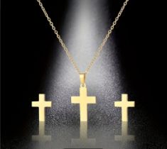 New! Golden Cross Design Stud Earrings & Pendant Necklace