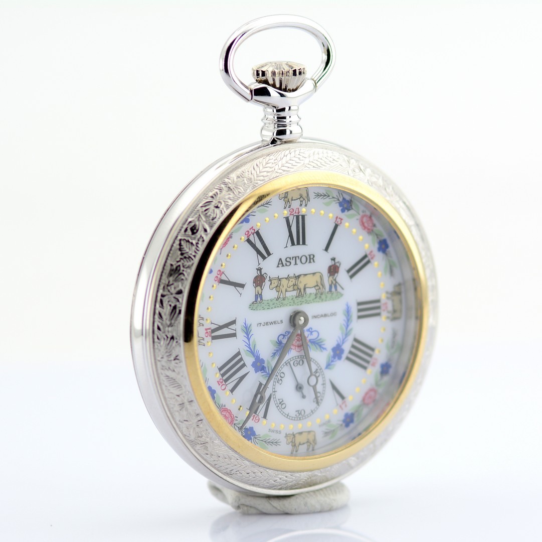 Astor / Enamel Decorated Manual Winding Pocket Watch - Unisex Steel Pocketwatch - Image 4 of 8