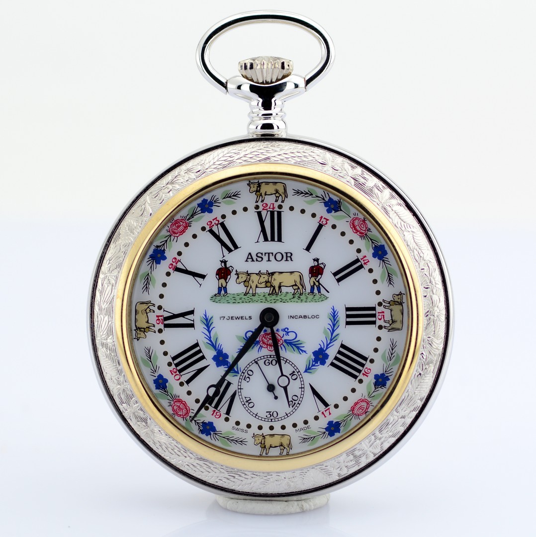 Astor / Enamel Decorated Manual Winding Pocket Watch - Unisex Steel Pocketwatch