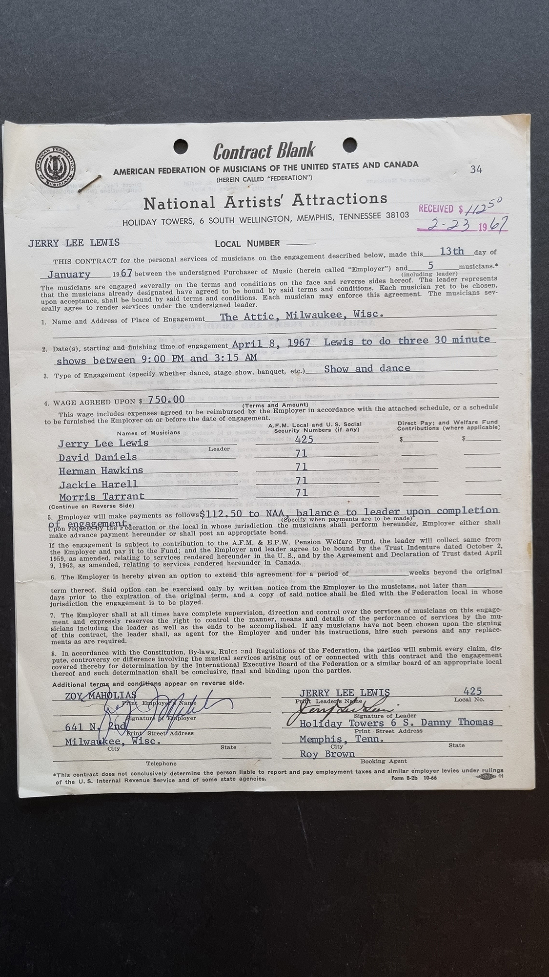 Gerry Lee Lewis Original Signed Contract