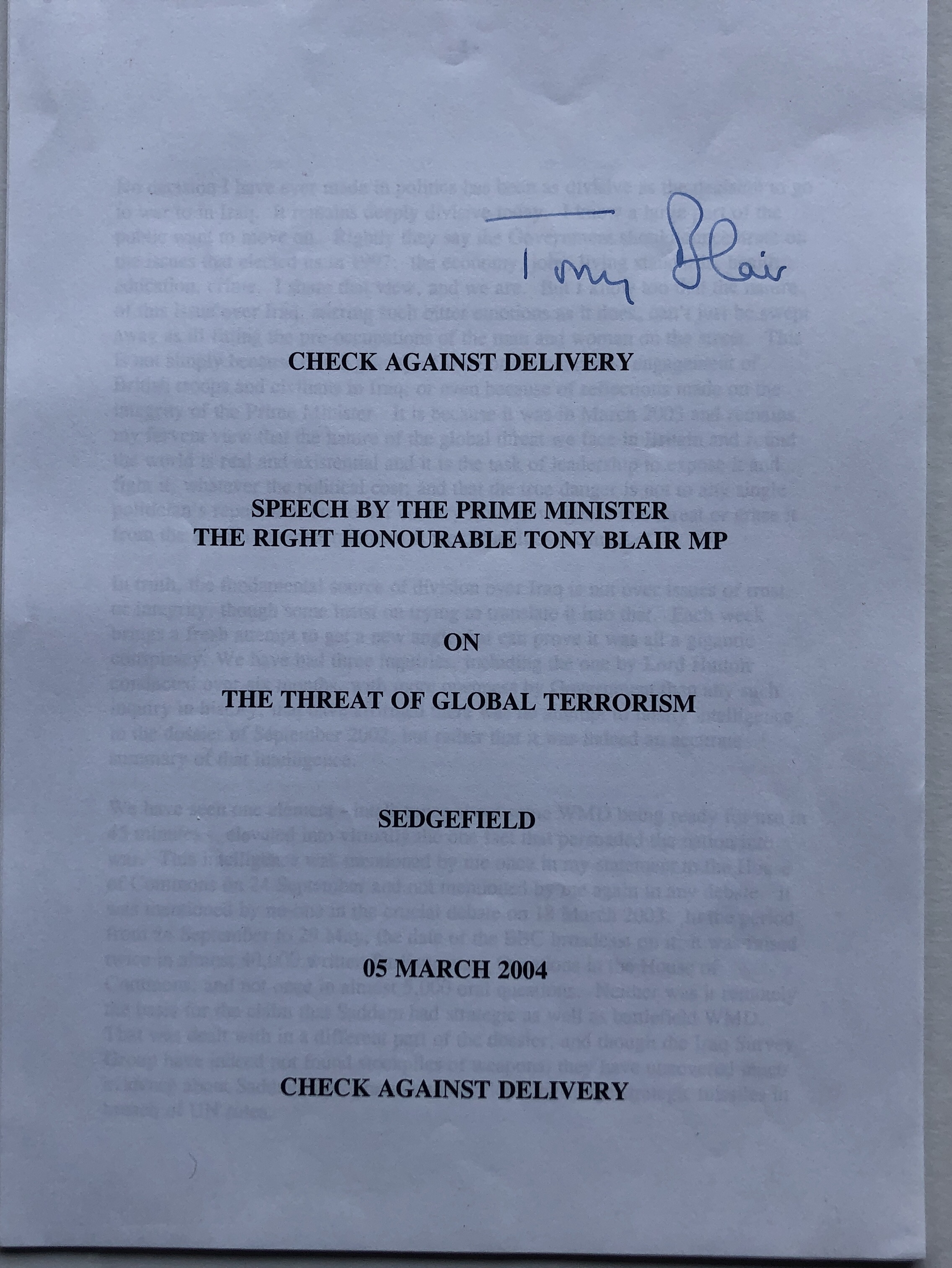 TONY BLAIR original signature.