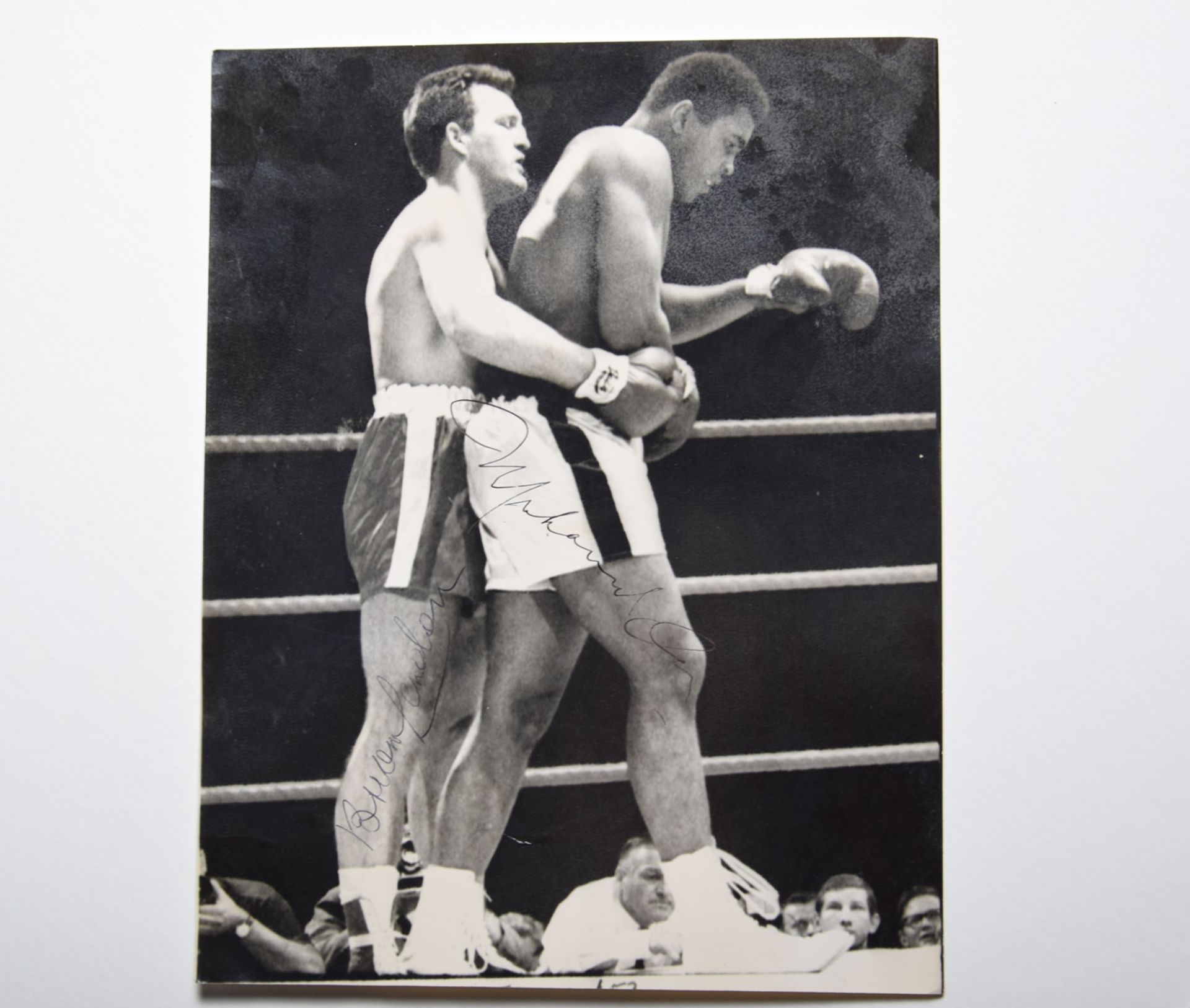 Muhammad Ali v Brian London black & white photograph with original signatures. - Image 2 of 2