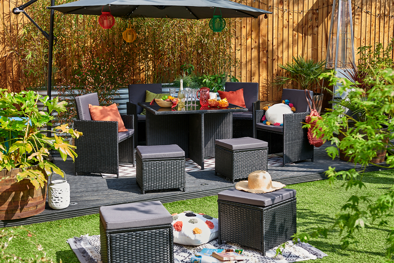 Free Delivery - Job lot of 5 x 8-Seater Monument Rattan Cube Garden Furniture Dining Set - Black