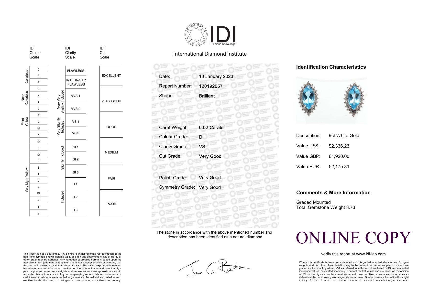 9ct White Gold Diamond and Blue Topaz Earring (BT3.73) 0.02 Carats - Image 6 of 6