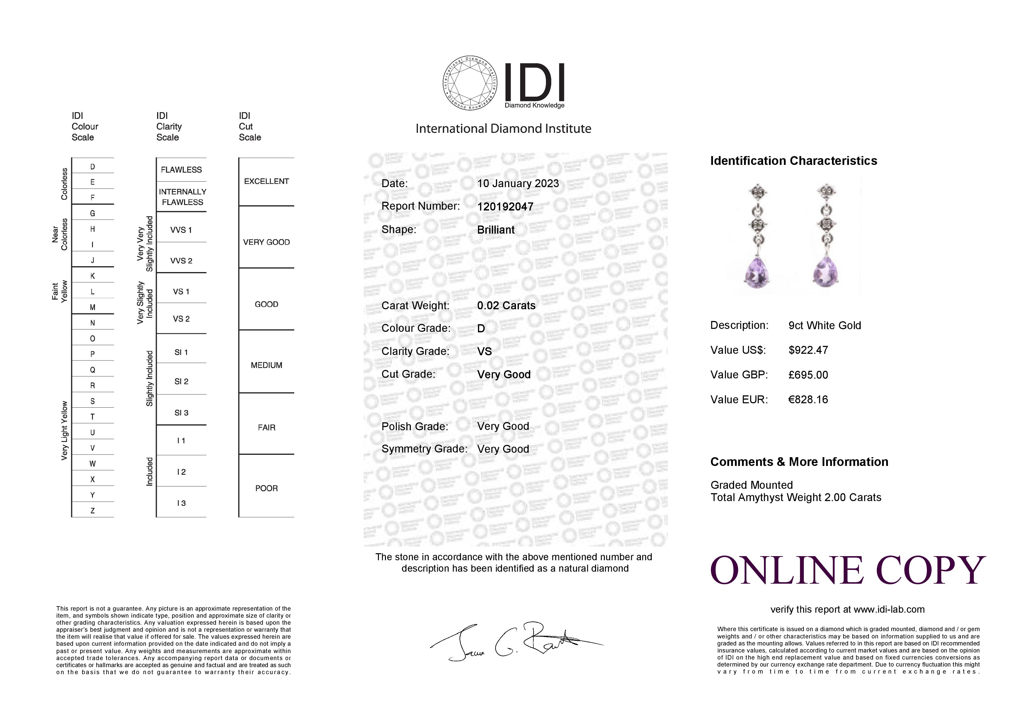 9ct White Gold Amethyst Diamond Earring (A 2.00) 0.02 Carats - Image 2 of 2