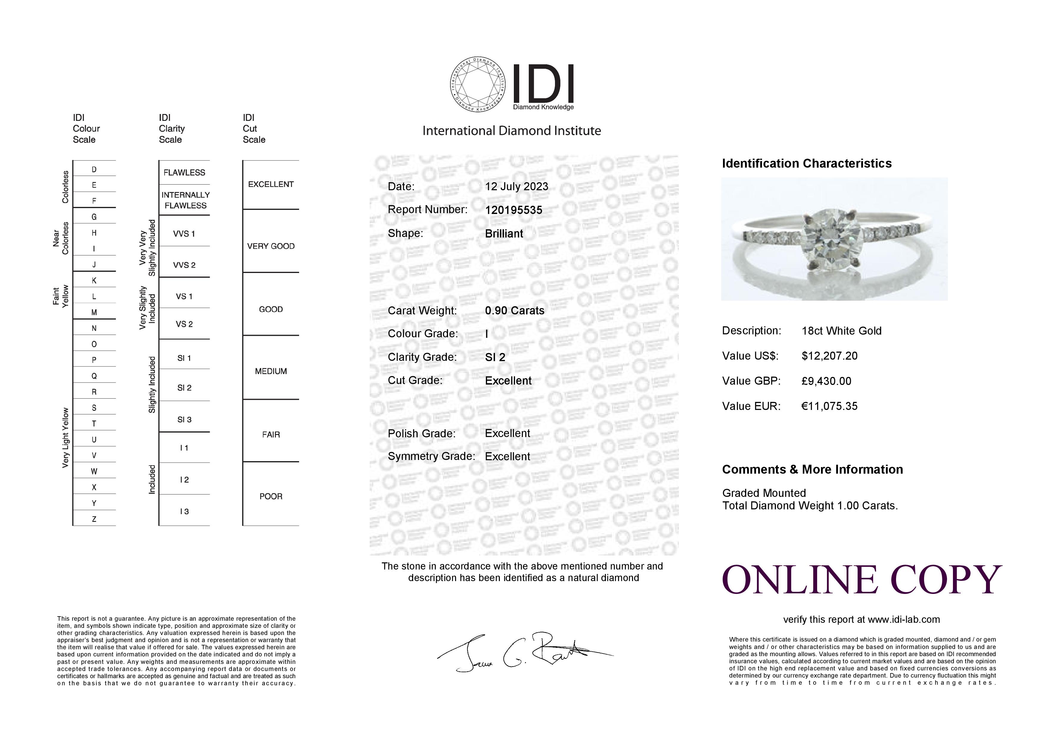 18ct White Gold Single Stone Prong Set With Stone Set Shoulders Diamond Ring (0.90) 1.00 Carats - Image 5 of 5