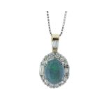 18ct White and Yellow Gold Oval Cluster Diamond and Opal Pendant (O1.30) 0.54 Carats
