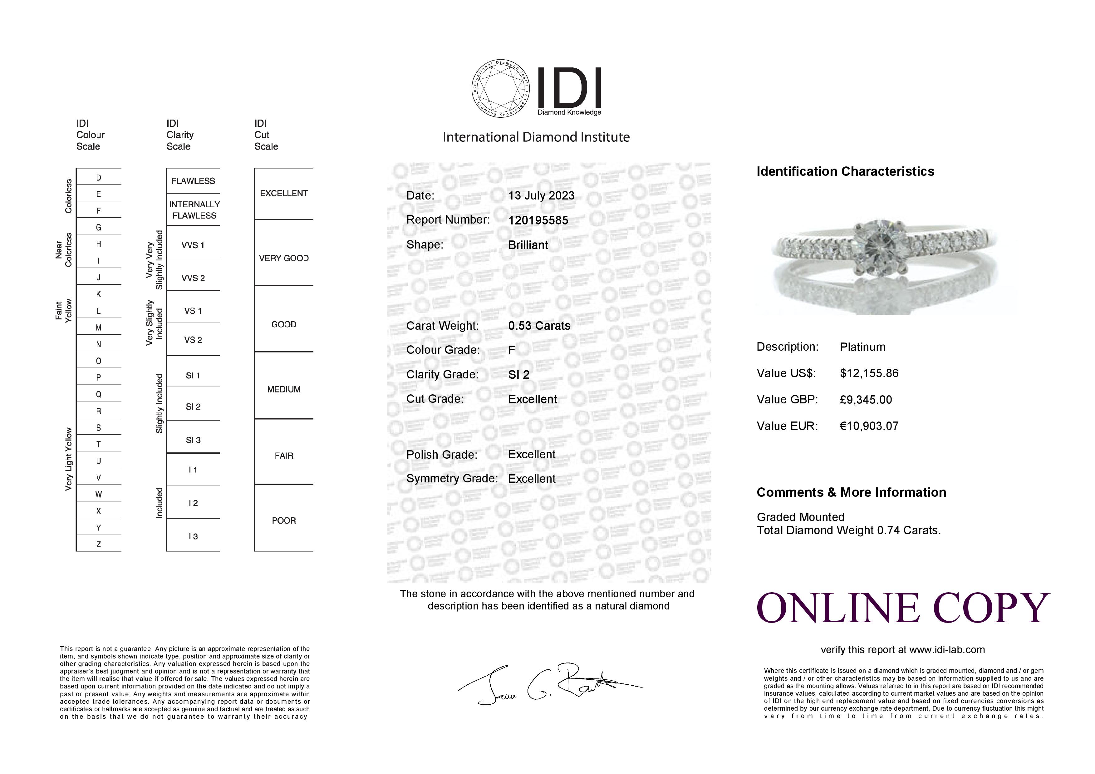 Platinum Single Stone With Stone Set Shoulders Diamond Ring (0.53) 0.74 Carats - Bild 5 aus 5