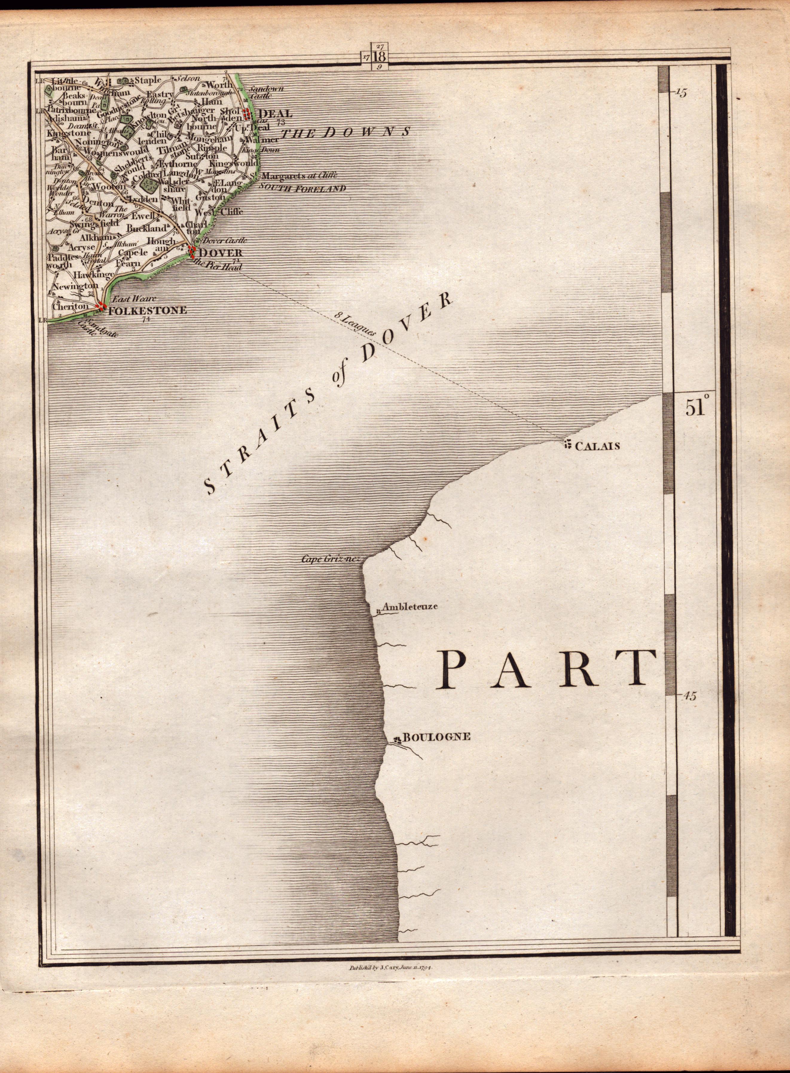 Dover Straits Channel Ports Calais John Cary's Antique 230 Yrs Old Map.