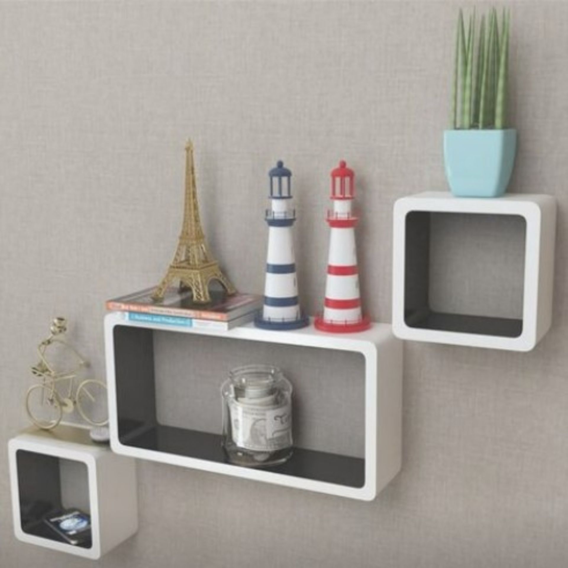 3 White-Black MDF Floating Wall Display Shelf Cubes