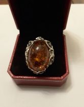 Vintage Large Silver Amber Ring With Valuation