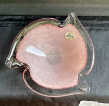 Vintage Italian Handcrafted Murano Pink Flower Glass Dish/Ashtray, Made In Italy