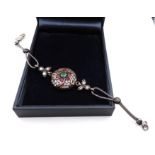 Vintage Artisan 925 Silver Emerald, Ruby & White Gemstone Bracelet