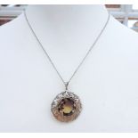 Artisan Sterling Silver Smokey Quartz Pendant Necklace Hallmark Birmingham 1954