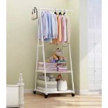 Freestanding Metal Coat Rack With 2 Lower Storage Shelves and On Wheels