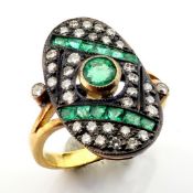 An Antique Design Ring Detailed With Vibrant Emeralds, Brilliant Diamonds and Gold On Silver.