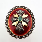 An Exquisite Antique Enamel Ring, Detailed With Vibrant Emerald, Brilliant Diamonds and Gold On S...